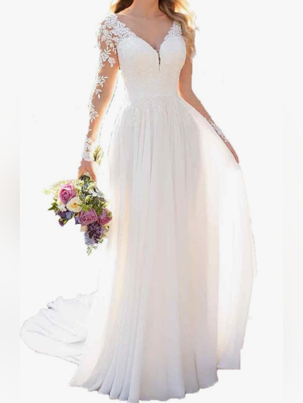 Elegant White Long Train Wedding Dress